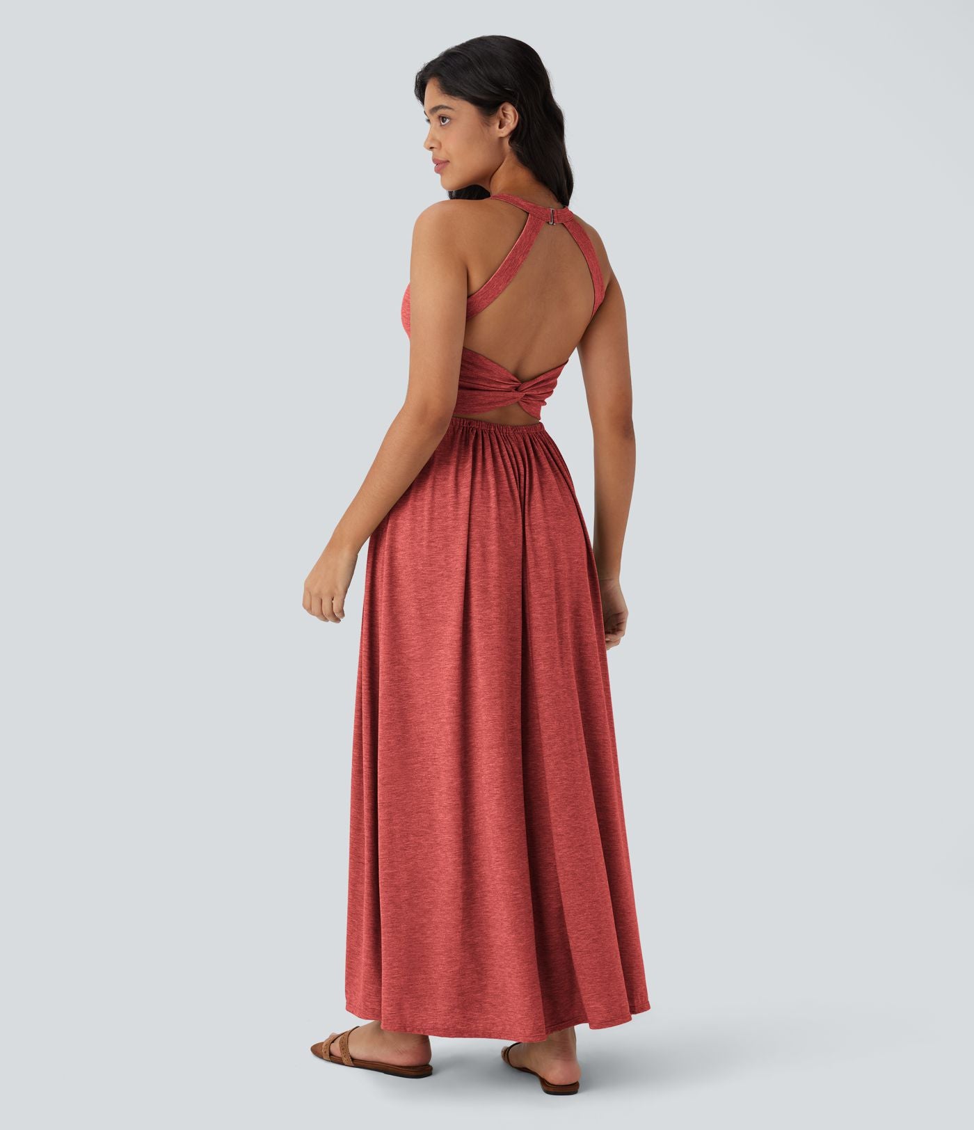 Robe longue fluide fendue avec poches latérales, dos nu et effet torsadé