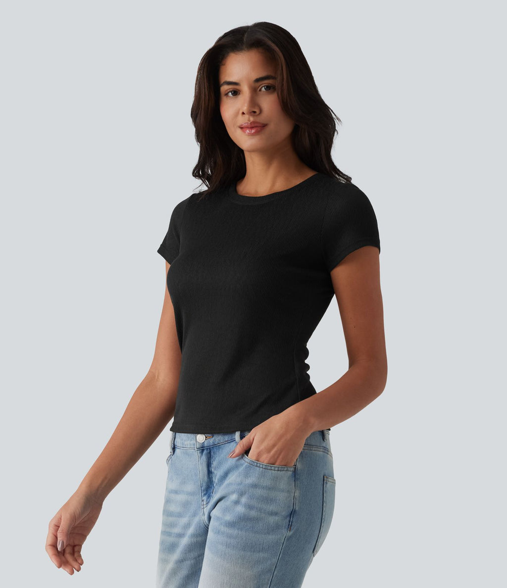 T-shirt casual semi-transparent côtelé maille col rond manches courtes