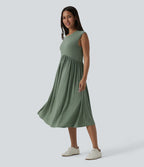 Robe midi fluide décontractée maille côtelée mélange lin col rond sans manches