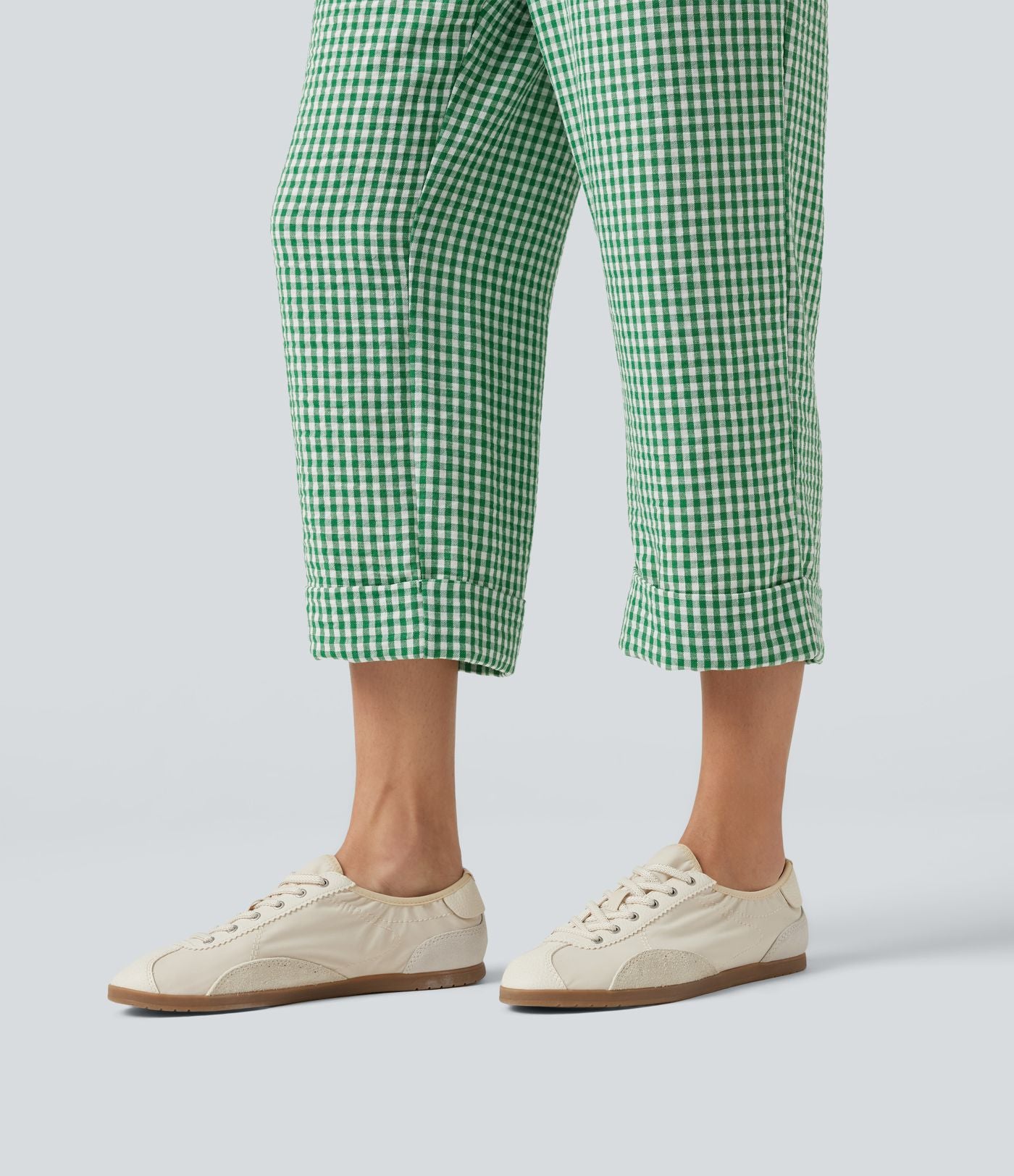 Pantalon 7/8 décontracté aspect lin à carreaux taille haute avec poches