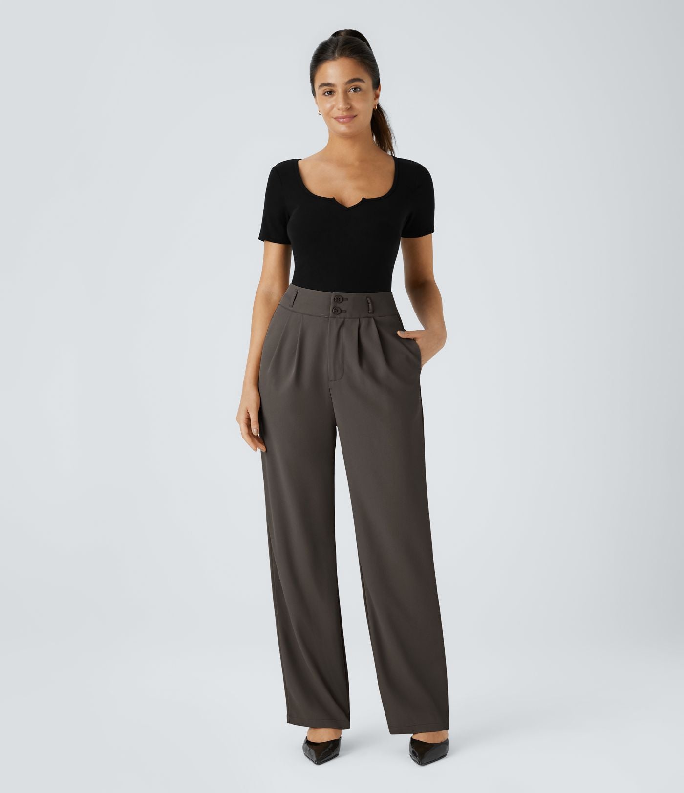 Pantalon de travail Halara Flex™ droit froncé avec poche zippée, taille haute