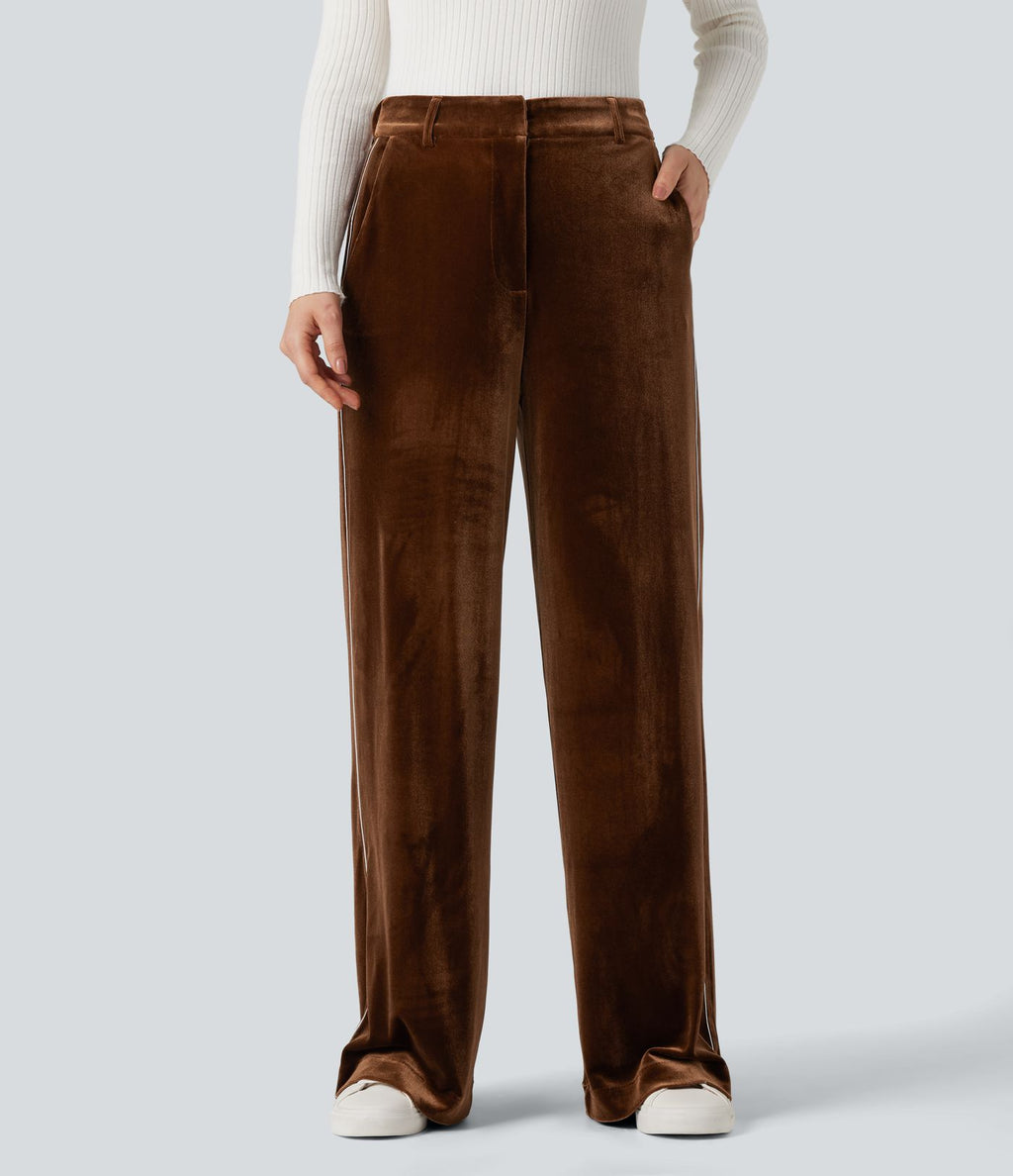 Pantalon velours color block coupe droite taille haute avec poches