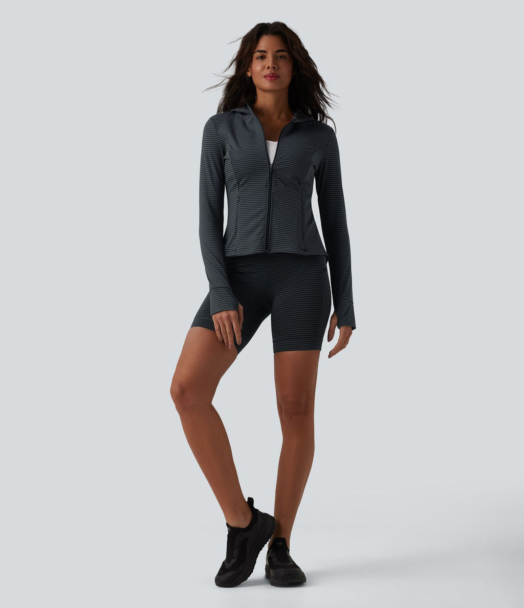 Veste de yoga à capuche manches longues avec trous pour pouces et rayures avec poches