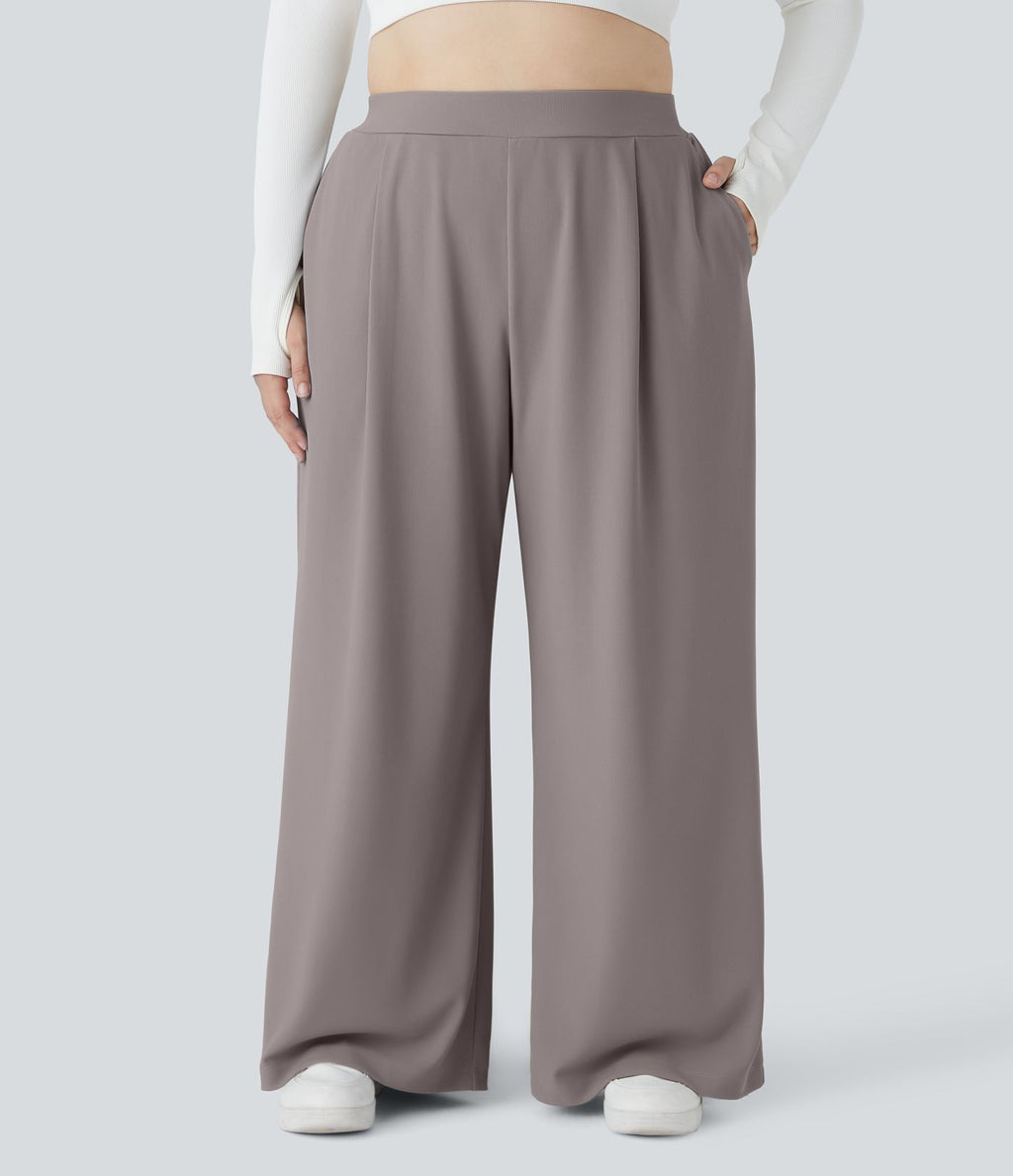 Pantalon de travail grande taille Halara Flex™ à taille haute sculptante et amincissante, poches latérales, jambes larges et tissu micro-gaufré