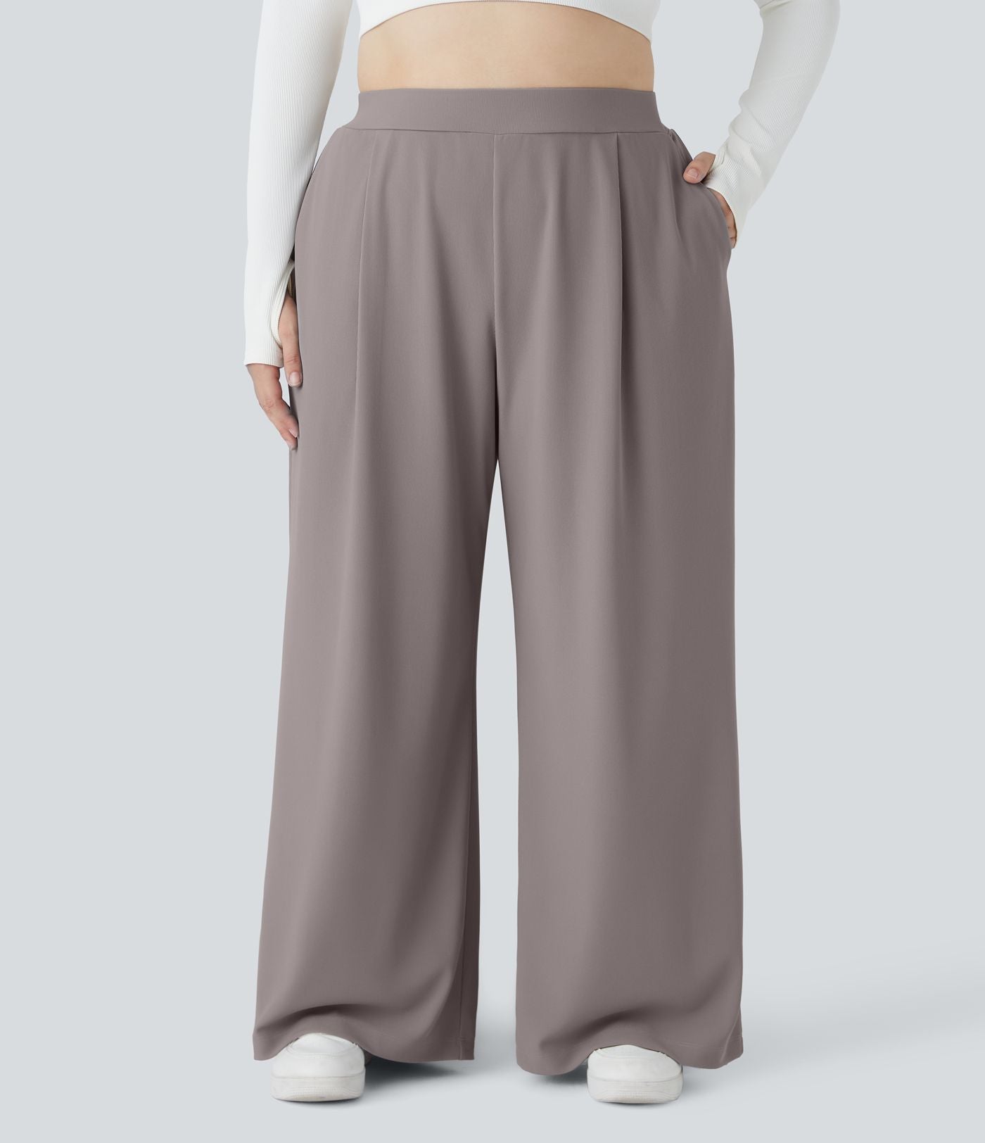 Pantalon de travail grande taille Halara Flex™ à taille haute sculptante et amincissante, poches latérales, jambes larges et tissu micro-gaufré