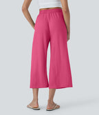 Pantalon décontracté aspect lin 7/8 à taille haute, jambe large avec cordon de serrage et poches latérales