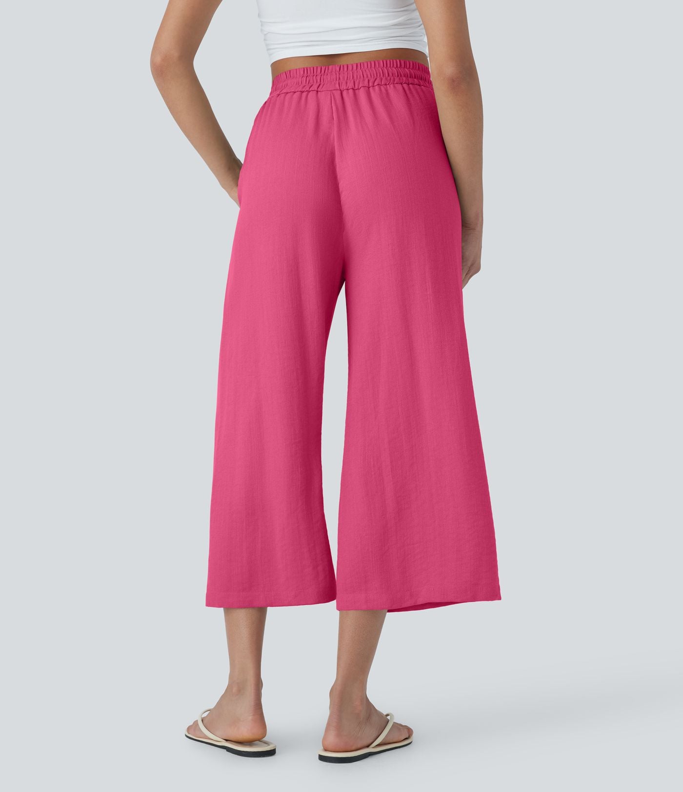 Pantalon décontracté aspect lin 7/8 à taille haute, jambe large avec cordon de serrage et poches latérales