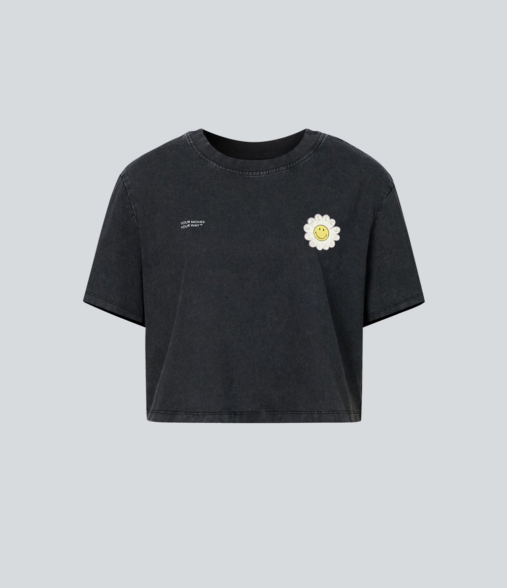 T-shirt casual en coton délavé Halara X Smiley® col rond à manches courtes