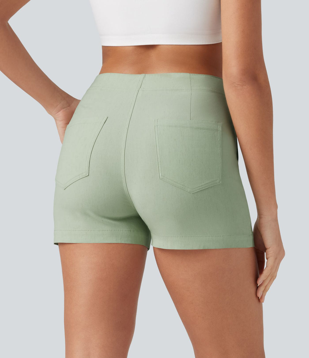 Short taille haute décontracté en lin stretch 7,5 cm avec poches