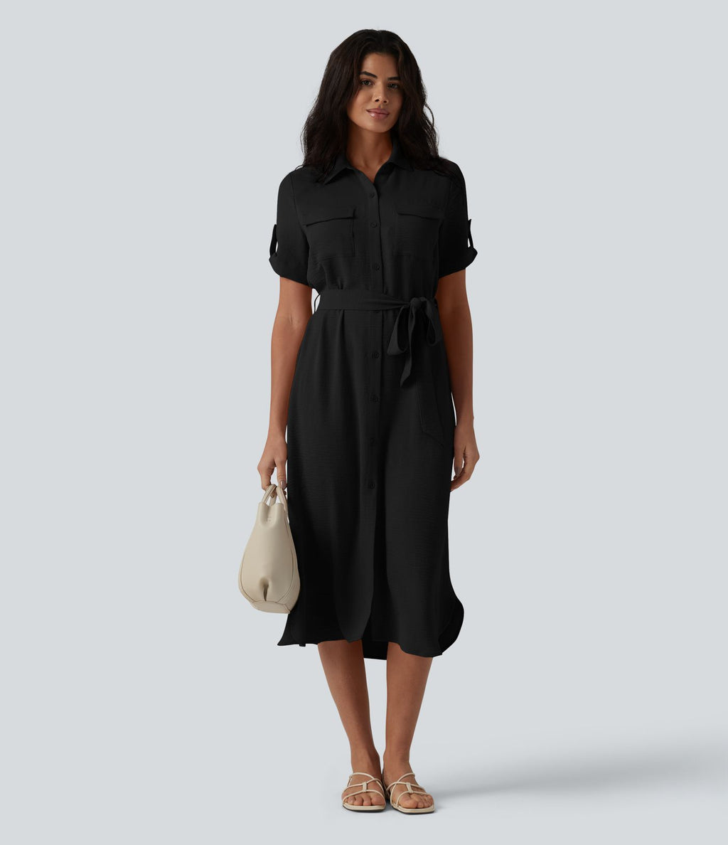 Robe-chemise midi casual à manches courtes aspect lin, ceinturée et avec poches