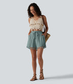 Short ample de vacances en mélange de lin taille haute avec cordon de serrage et ourlet à franges à poches