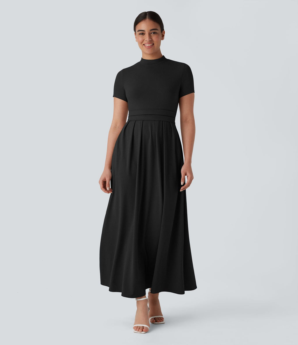 Robe longue décontractée à col montant, manches courtes et poches latérales