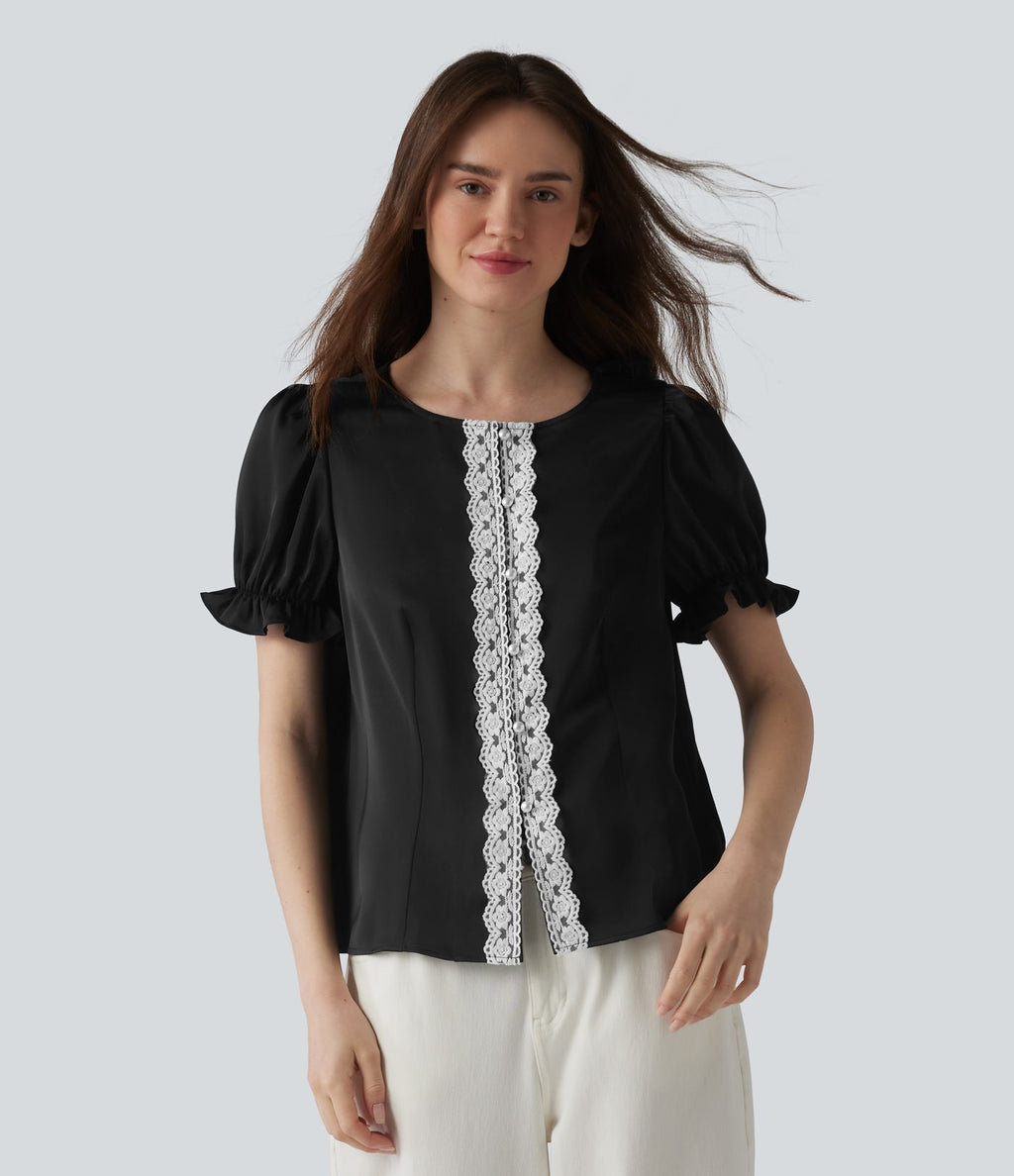 Blouse décontractée col rond manches bouffantes courtes avec dentelle contrastée