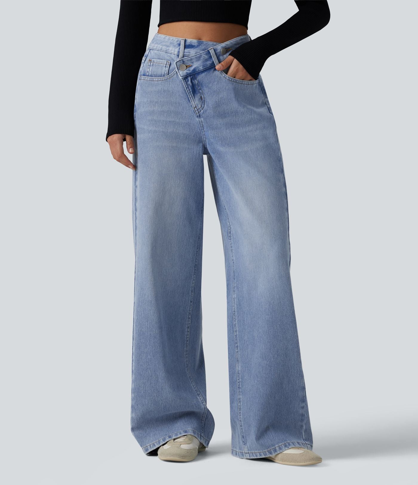 Jean baggy asymétrique Halara Flex™ taille haute effet délavé avec poches