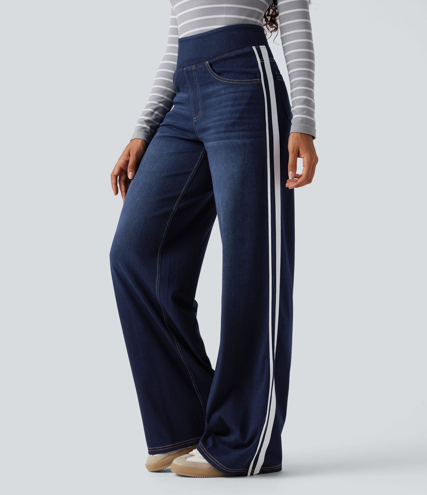Halara Flex™ Jean large fluide délavé taille haute à rayures avec poches