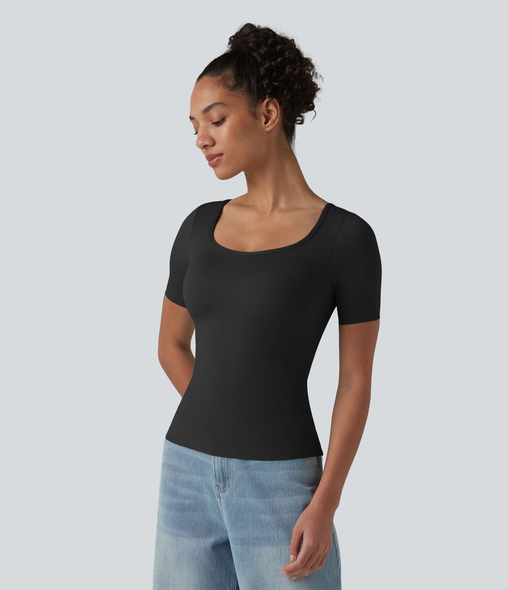 T-shirt casual col rond échancré à manches courtes avec brassière intégrée — Bonnets B-E