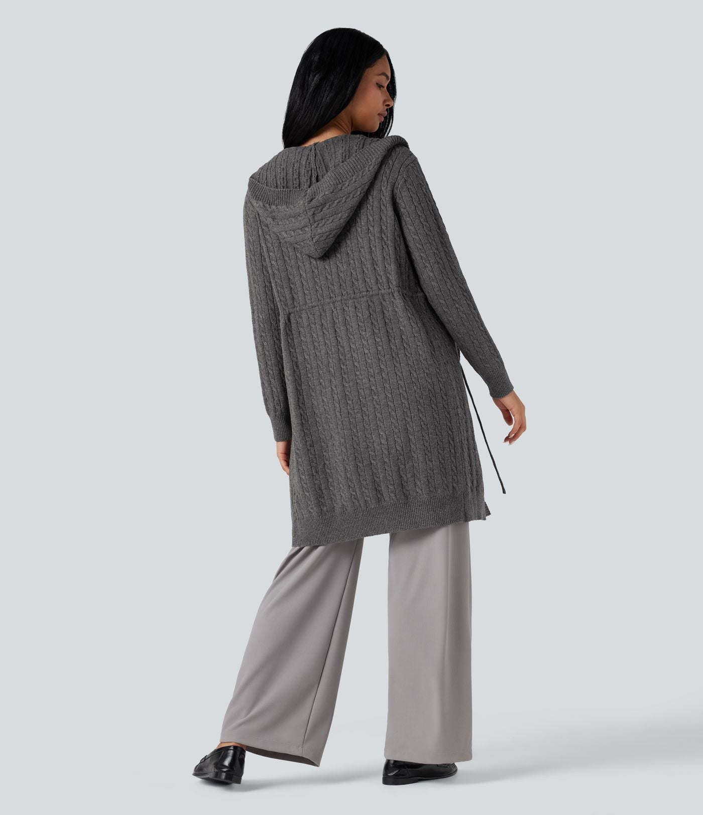 Cardigan long à capuche cordon de serrage manches longues