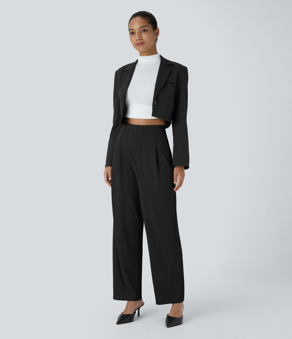 Pantalon décontracté barrel droit en crêpe, taille haute, avec poches
