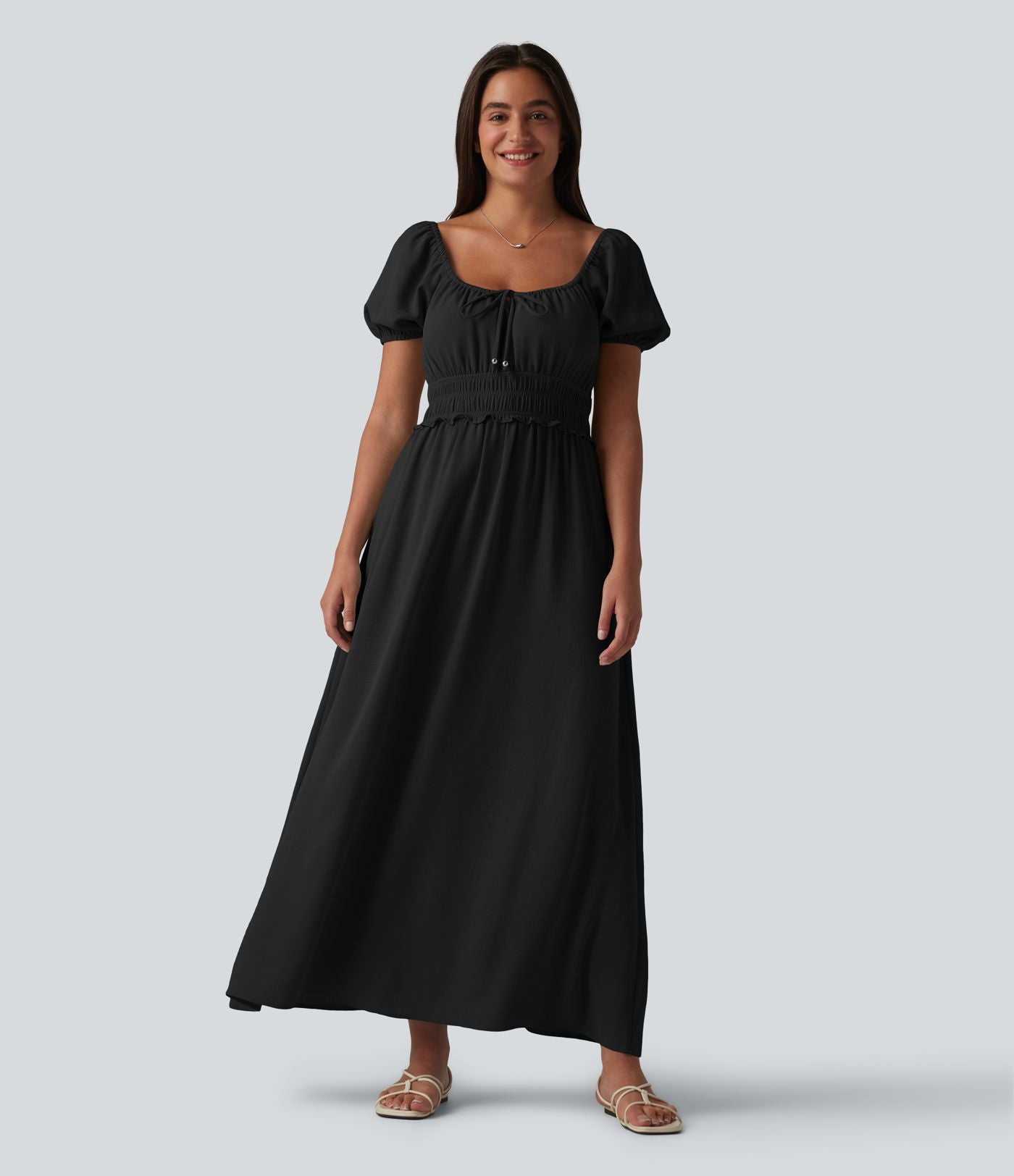 Robe longue fluide et décontractée en lin, à col carré, manches bouffantes, soutien-gorge intégré froncé et poches
