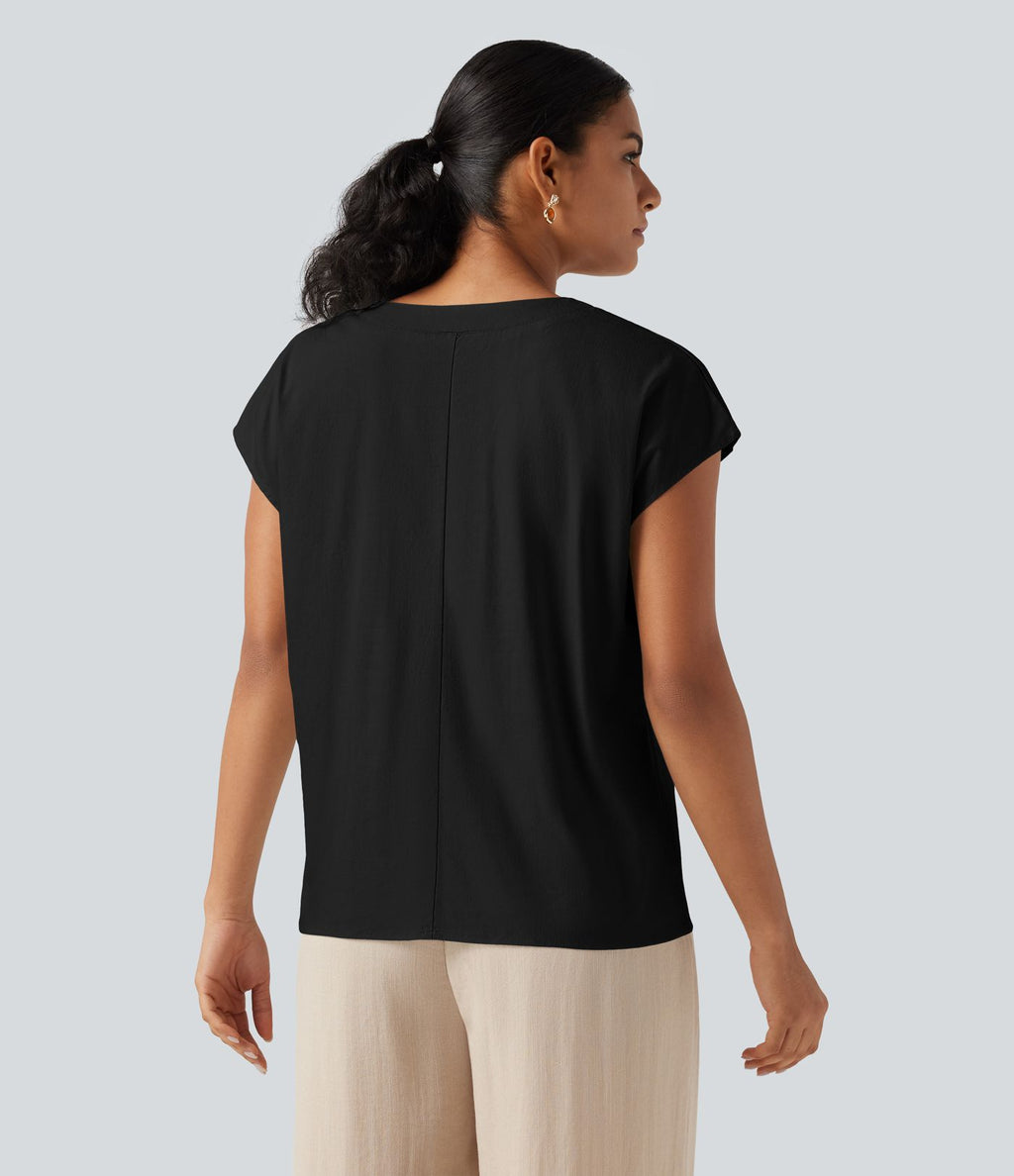 Blouse décontractée col V à mancherons en coton et lin