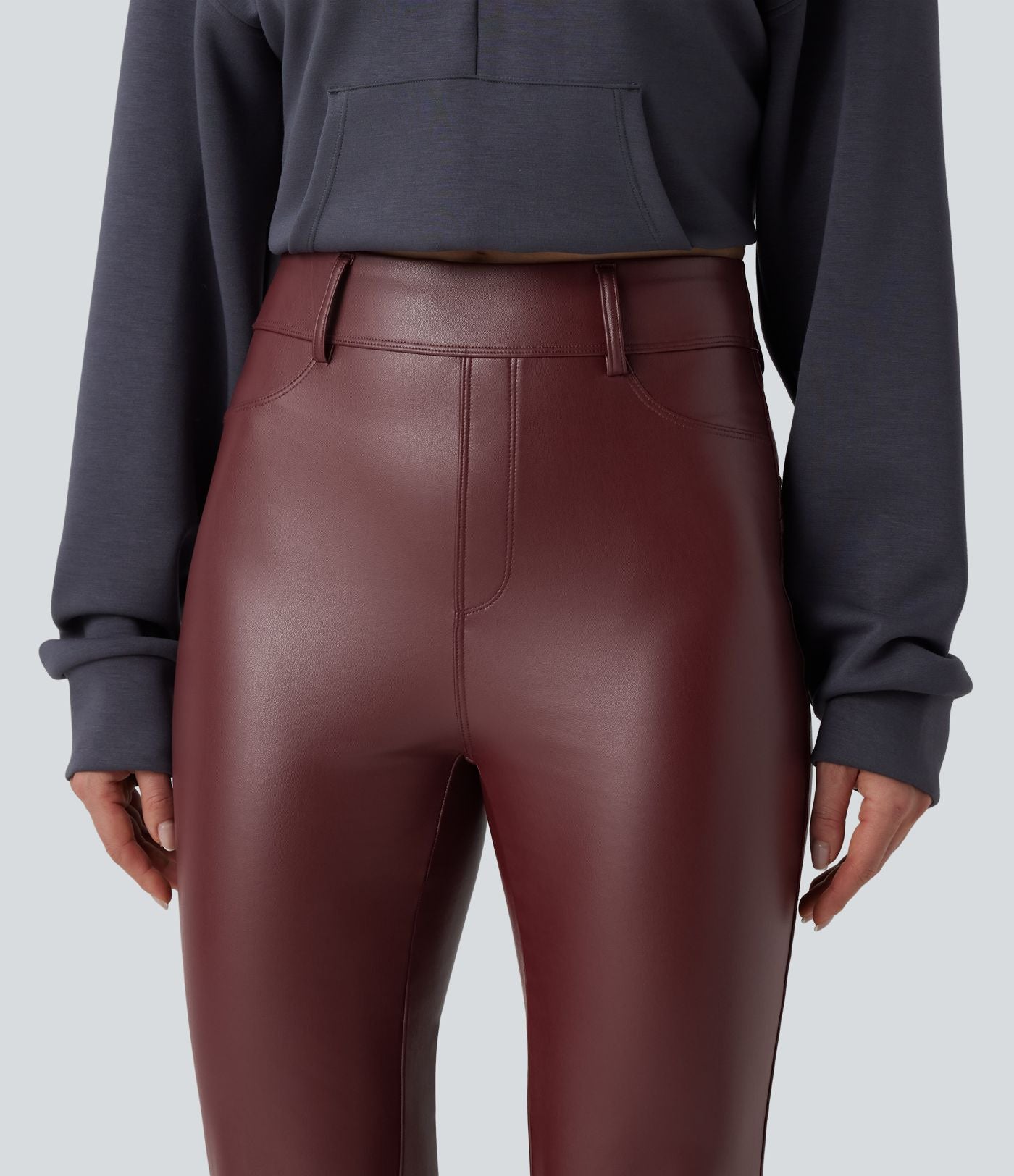 Pantalon évasé décontracté taille haute en tissu enduit doublé polaire extensible avec poches