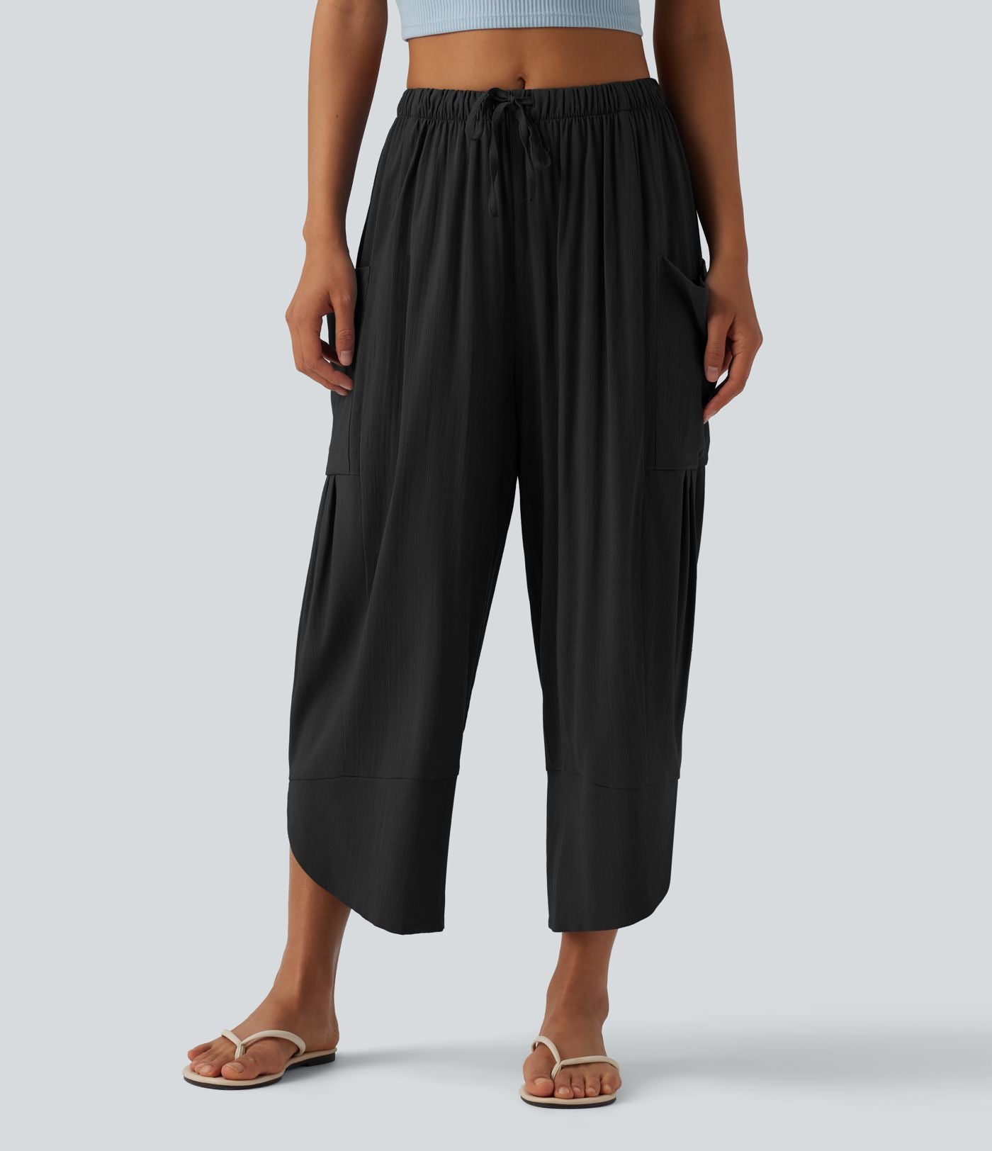 Pantalon court décontracté taille haute avec cordon de serrage, ourlet arrondi, effet lin et poches