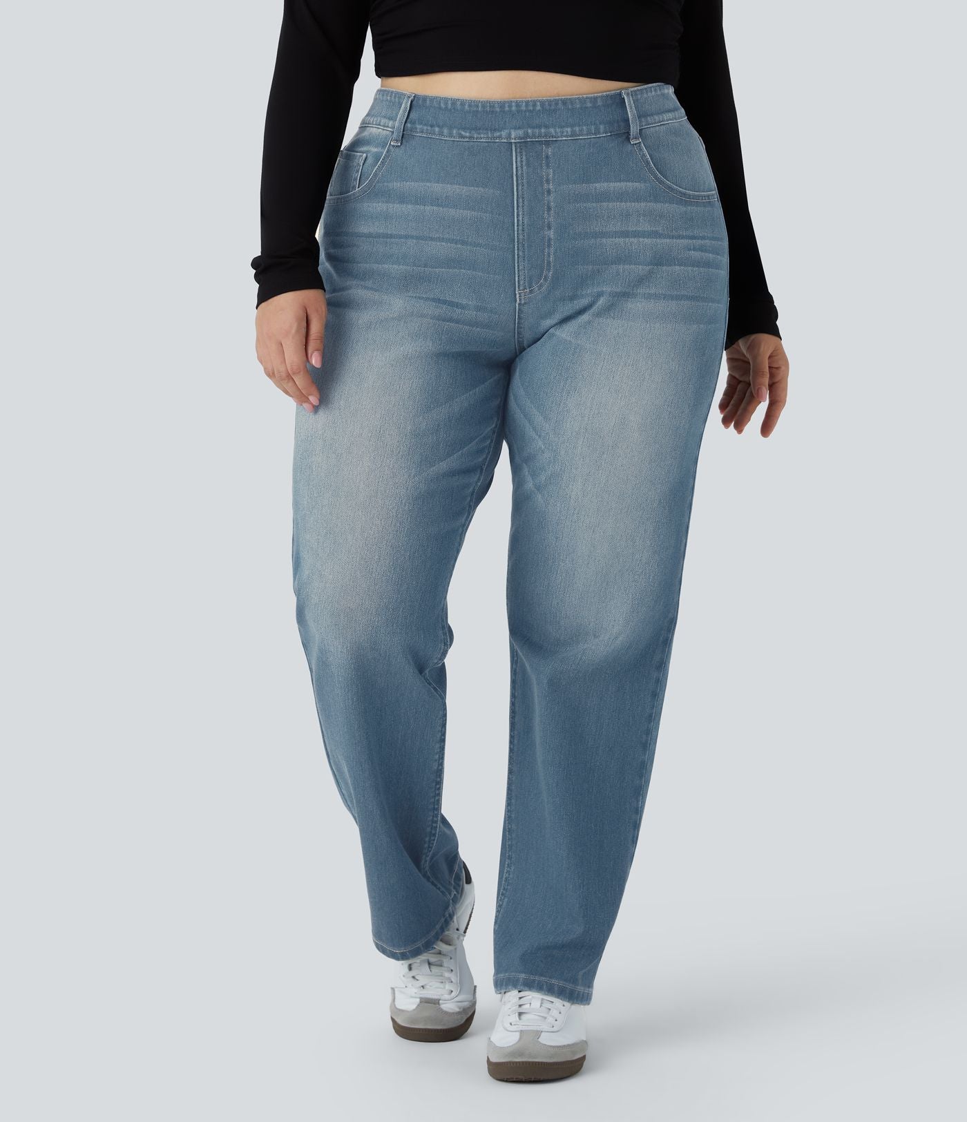 Jean décontracté Halara Flex™ grande taille, taille haute, multiples poches, jambes droites, effet délavé, en maille extensible