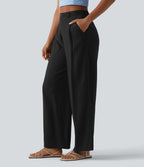 Pantalon large décontracté taille haute aspect lin avec poches