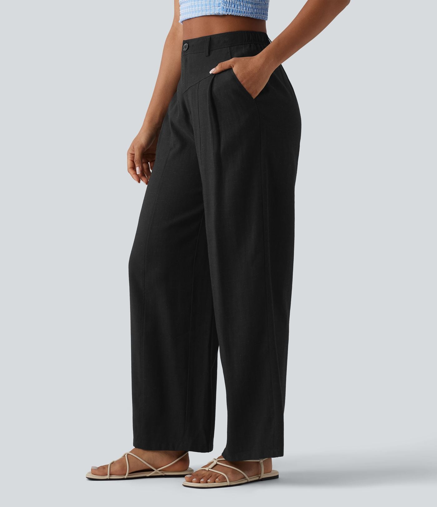 Pantalon large décontracté taille haute aspect lin avec poches