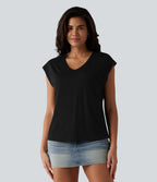 T-shirt décontracté à col V, manches courtes et soutien-gorge intégré bonnets B-DD