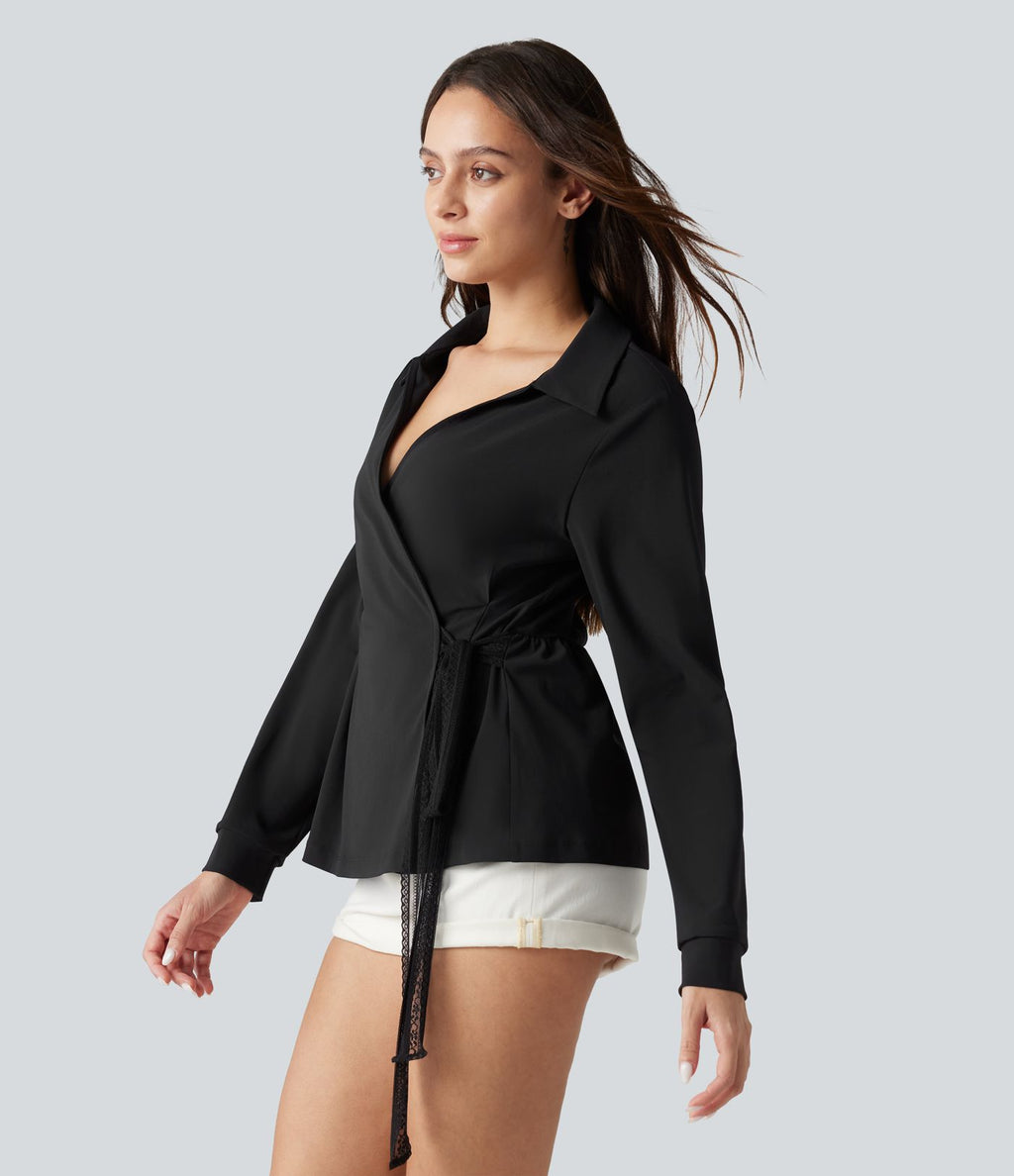 Chemise de travail à manches longues, à lacets contrastés sur les côtés, infroissable et à séchage rapide