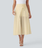 Jupe Casual Évasée Mesh Mi-Longue Fuide 2 en 1 Contrastée Taille Haute Cordon Poche Latérale