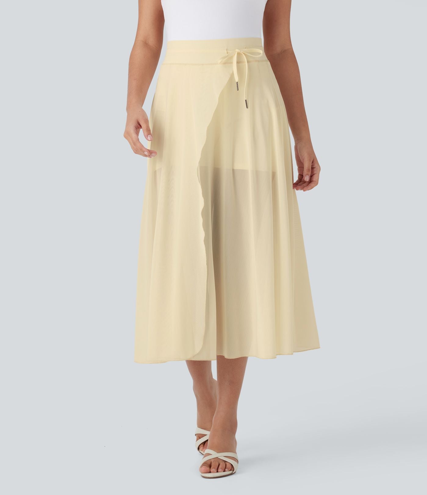 Jupe Casual Évasée Mesh Mi-Longue Fuide 2 en 1 Contrastée Taille Haute Cordon Poche Latérale