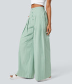 Pantalon Large Casual en Coton à l'Aspect Lin Taille Haute et Poches Latérales Boutonnées
