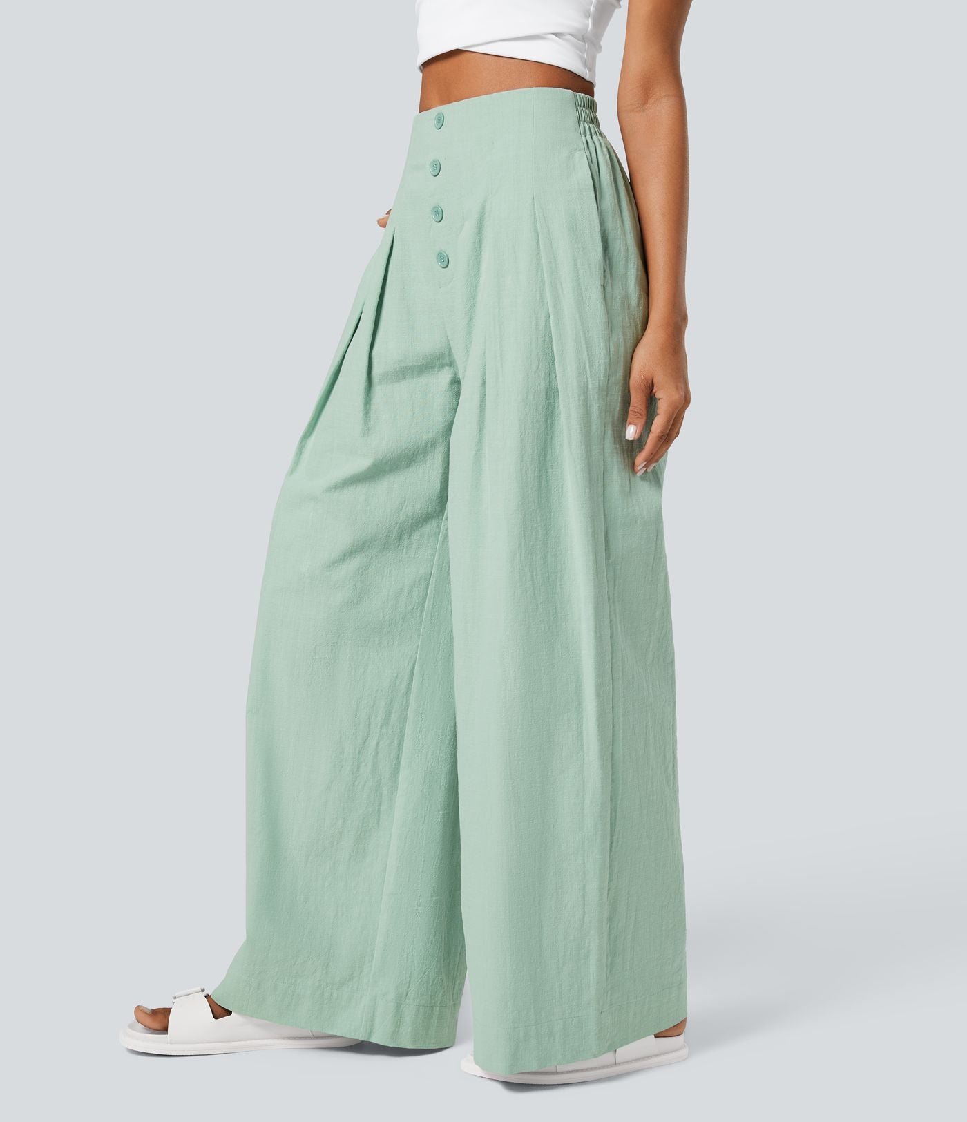 Pantalon Large Casual en Coton à l'Aspect Lin Taille Haute et Poches Latérales Boutonnées