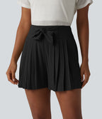 Short casual taille haute à nœud frontal froncé plissé effet lin avec poches