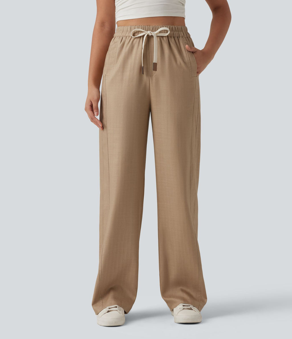 Pantalon large fluide décontracté en lin mélangé taille haute avec cordon de serrage et poches
