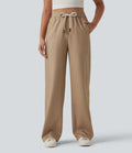 Pantalon large fluide décontracté en lin mélangé taille haute avec cordon de serrage et poches