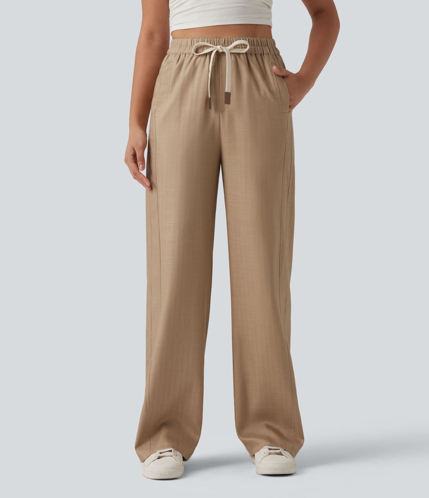 Pantalon large fluide décontracté en lin mélangé taille haute avec cordon de serrage et poches