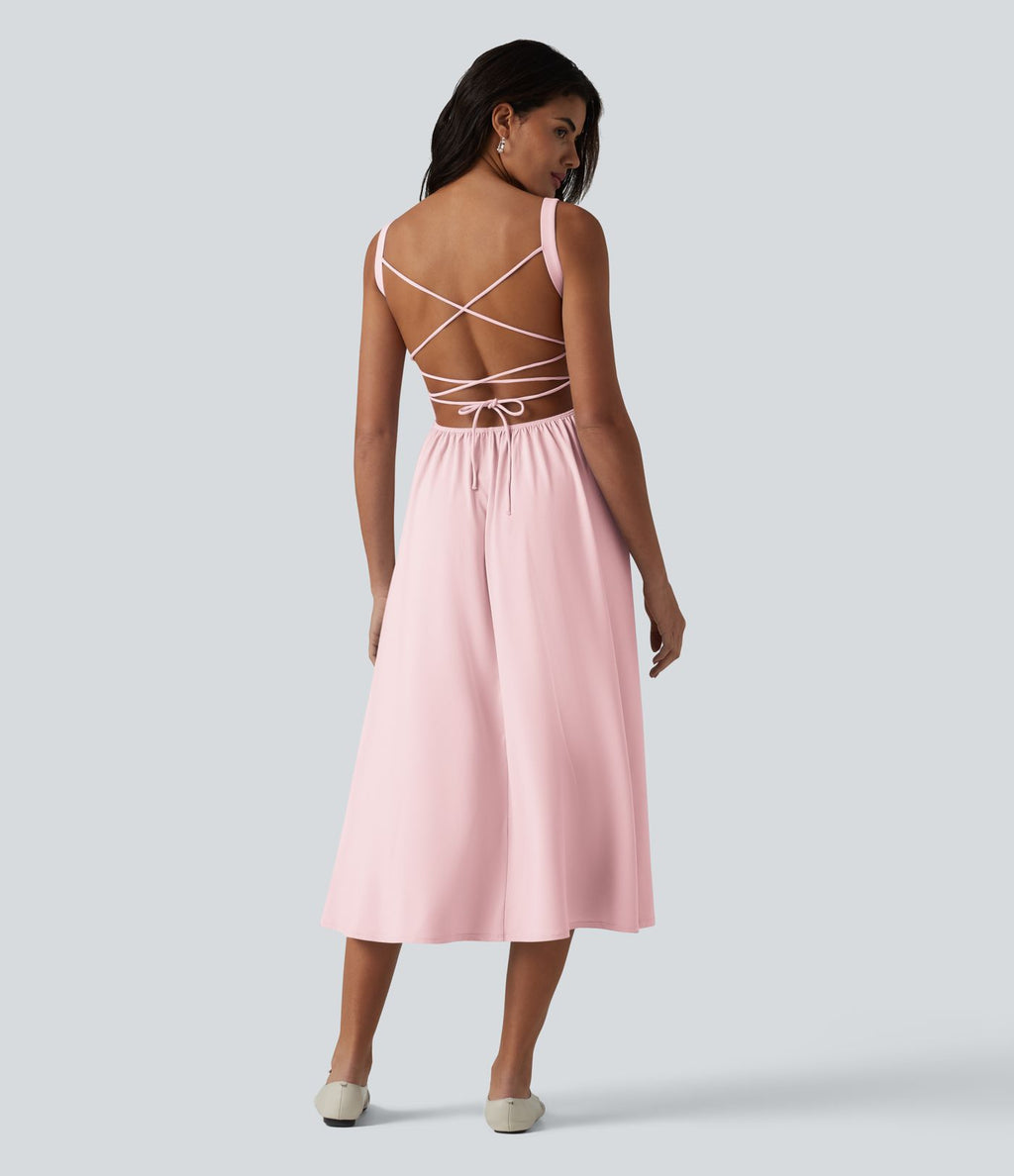 Robe fluide midi de villégiature sans manches, encolure carrée, dos nu croisé, fronces et soutien-gorge intégré