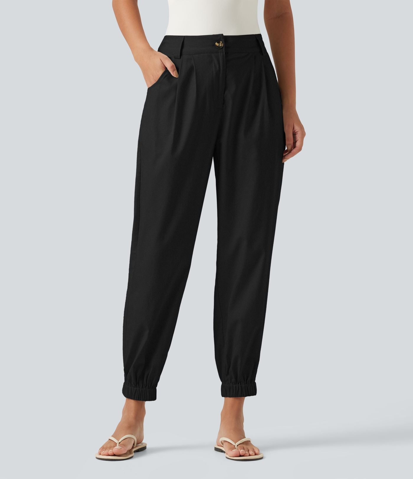 Pantalon jogging décontractée taille mi-haute en coton et lin avec poches