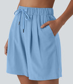 Short de yoga plissé taille haute avec ceinture élastique, cordon de serrage et poches 17,5 cm