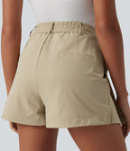 Short casual popeline stretch plissé taille mi-haute 7,5 cm avec poches