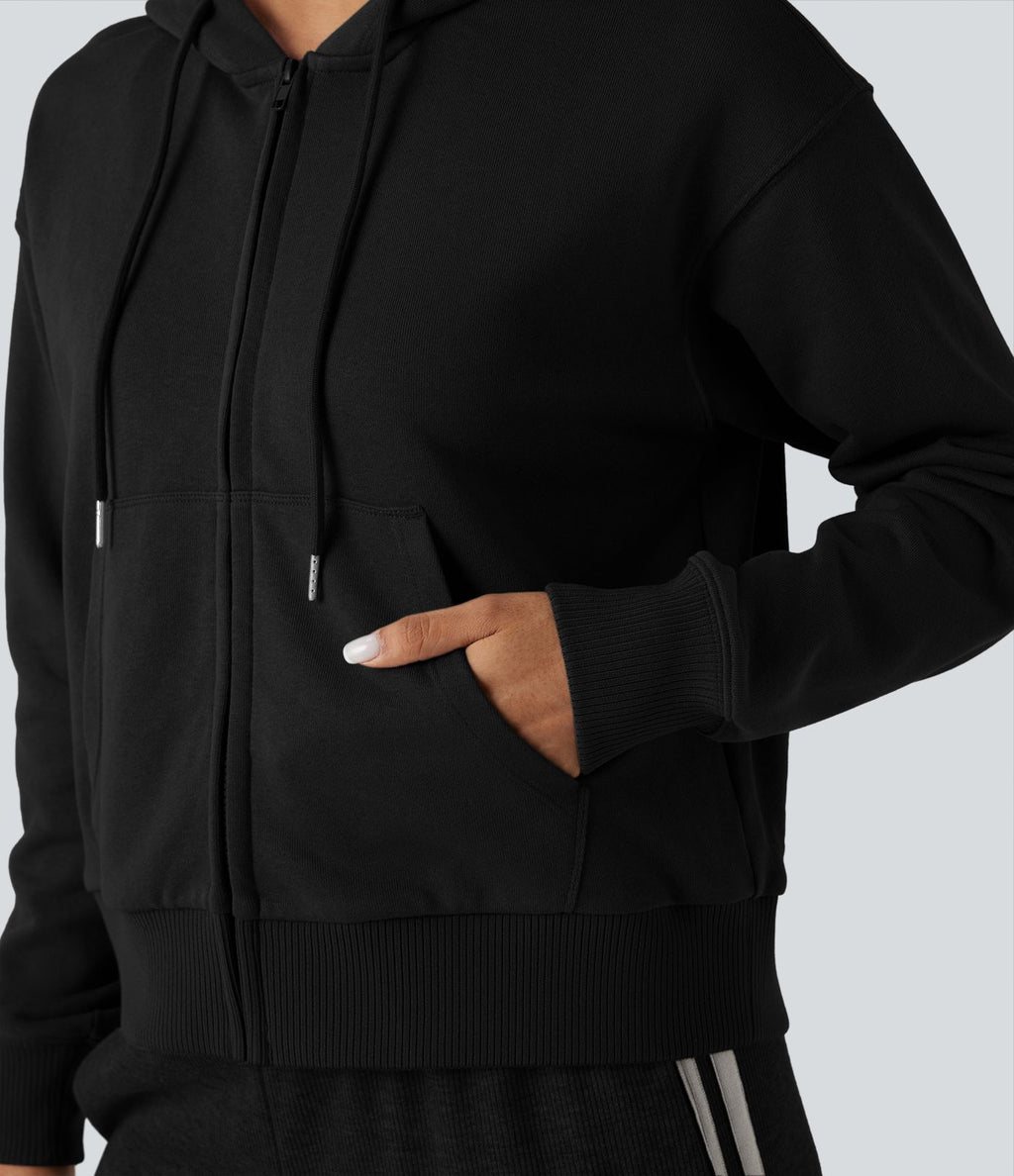 Sweat-shirt coton décontracté à capuche avec fermeture éclair et poches