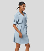 Robe-chemise décontractée à col, manches retroussables et ceinture