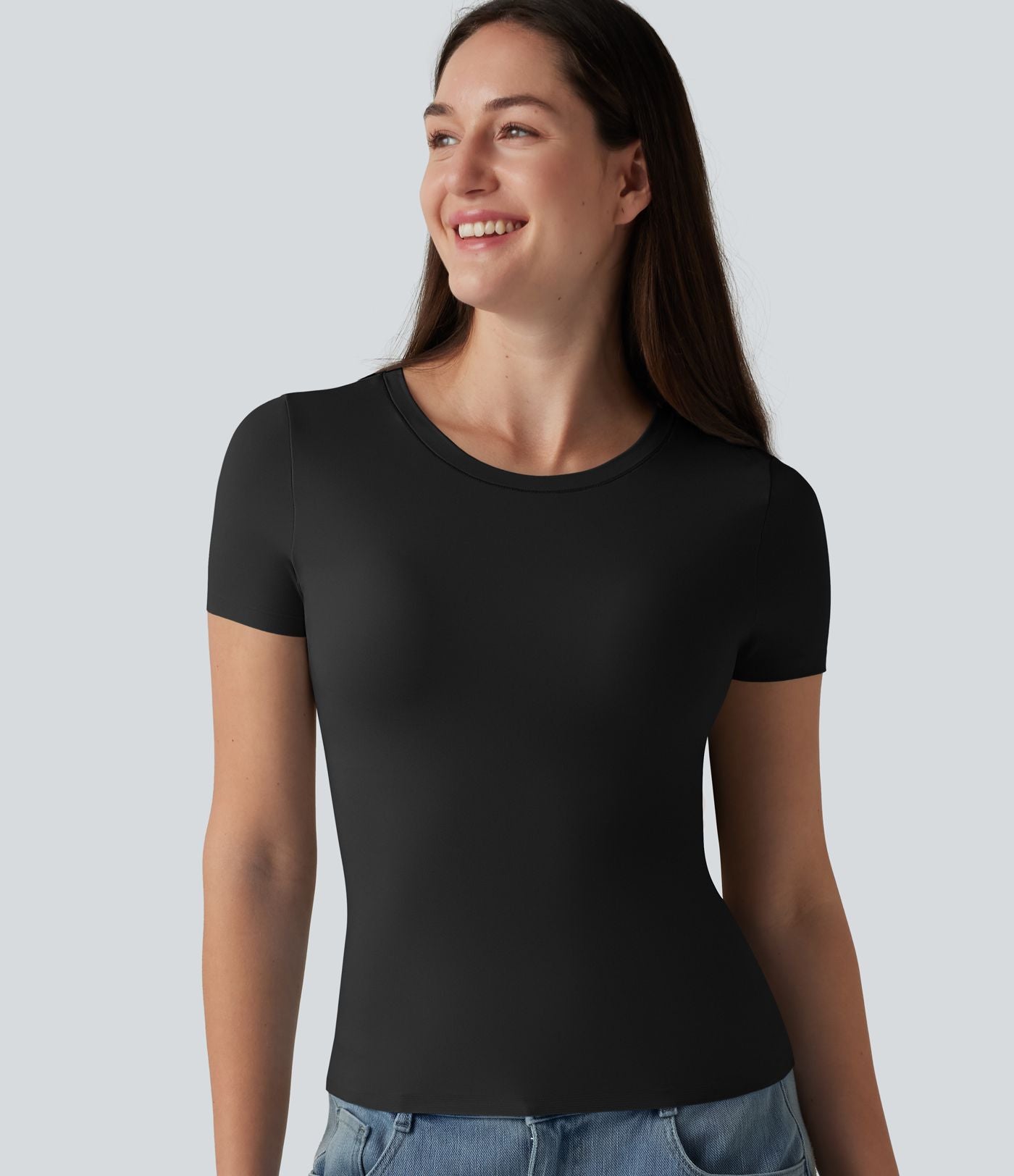T-shirt décontracté col rond échancré à manches courtes avec soutien-gorge intégré bonnets B-DD