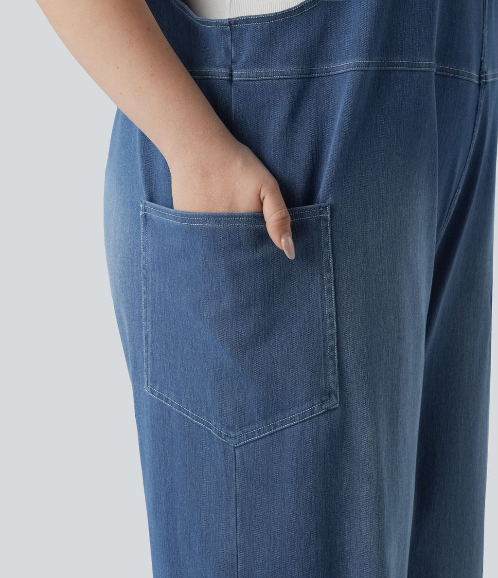 Salopette décontractée Halara Flex™ grande taille en maille denim extensible délavée col V avec poches