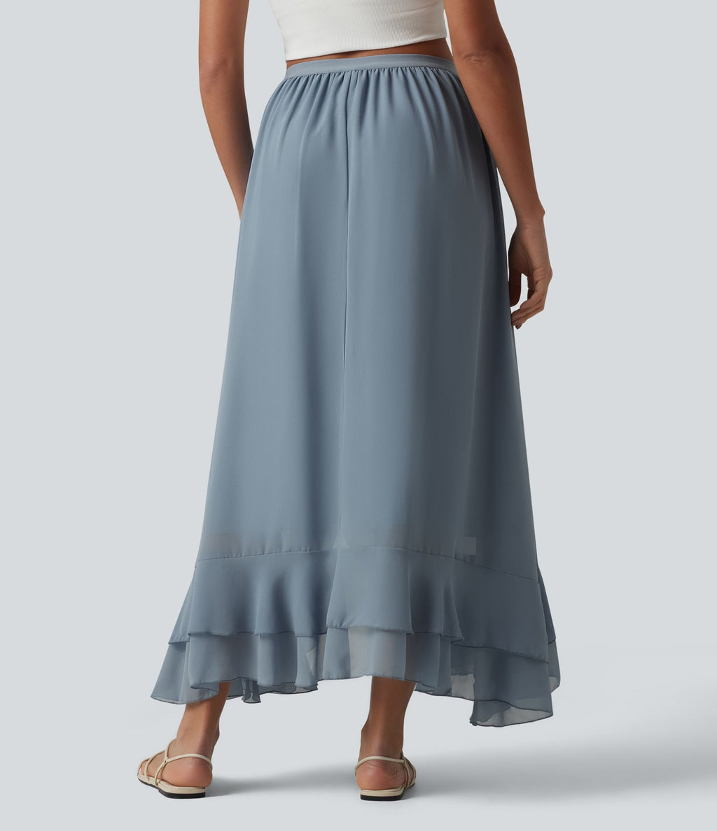 Jupe longue fluide taille haute à volants et ourlet asymétrique