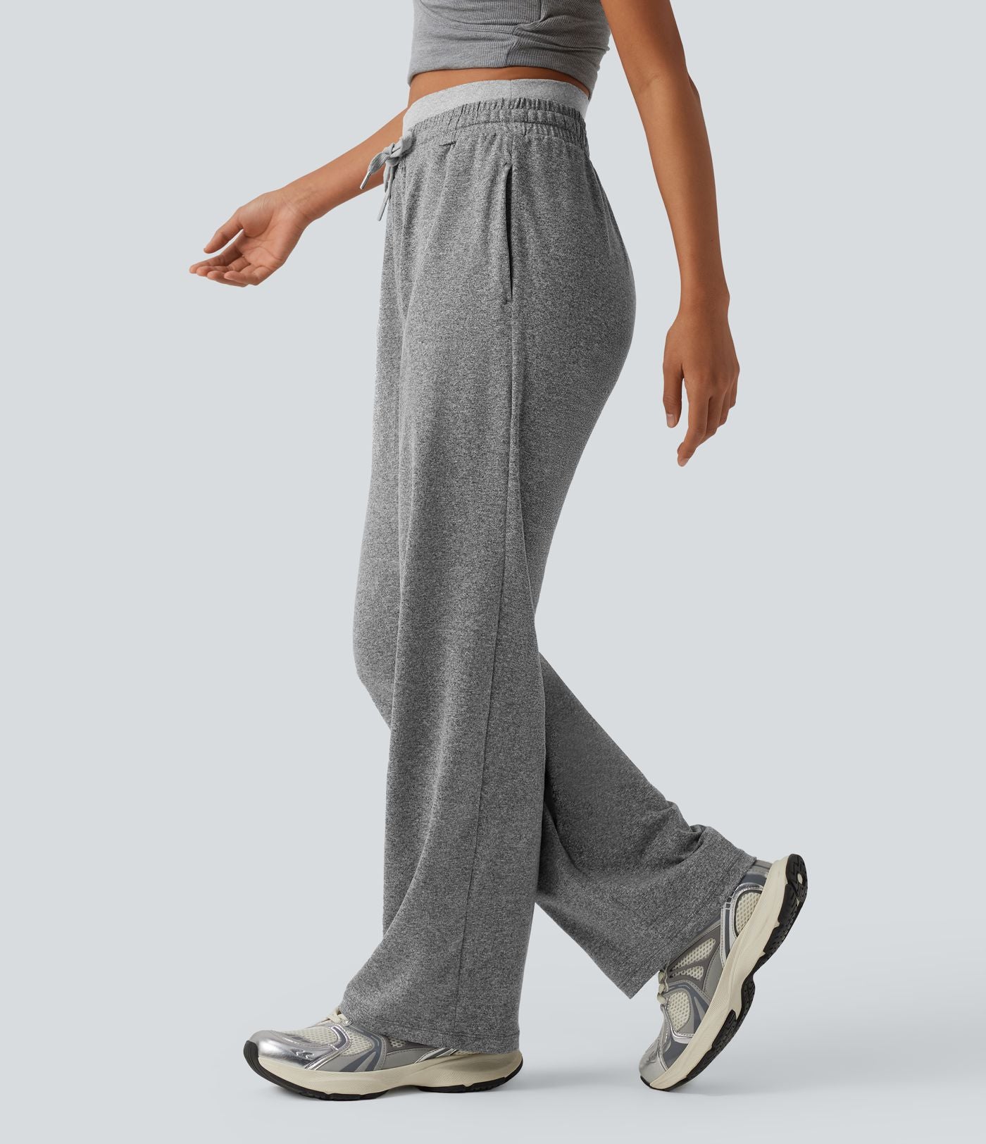 Pantalon de yoga jambes droites taille haute chiné avec double ceinture, cordon de serrage et poches