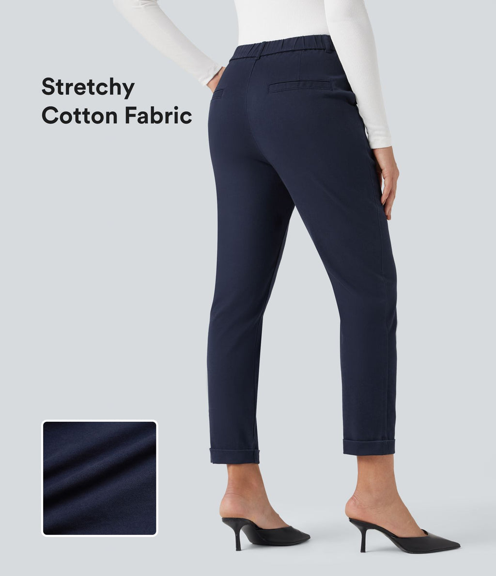 Pantalon coton 7/8 coupe ajustée taille mi-haute avec poches